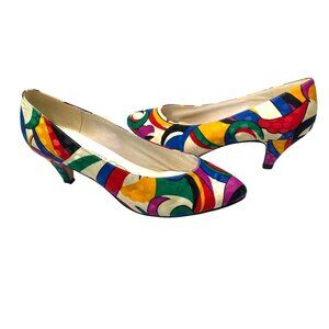 Vintage 80s Life Stride Silk Kitten Heels Pumps Abstract Geometric Artsy Sz 7.5